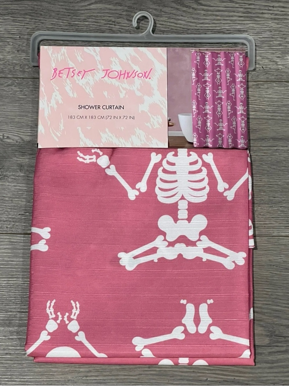 BETSEY JOHNSON Pink Yoga Skeleton Fabric Shower Curtain 72x72 Skull Halloween